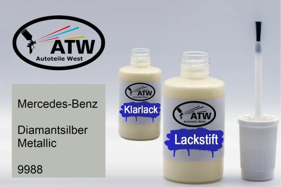 Mercedes-Benz, Diamantsilber Metallic, 9988: 20ml Lackstift + 20ml Klarlack - Set, von ATW Autoteile West.